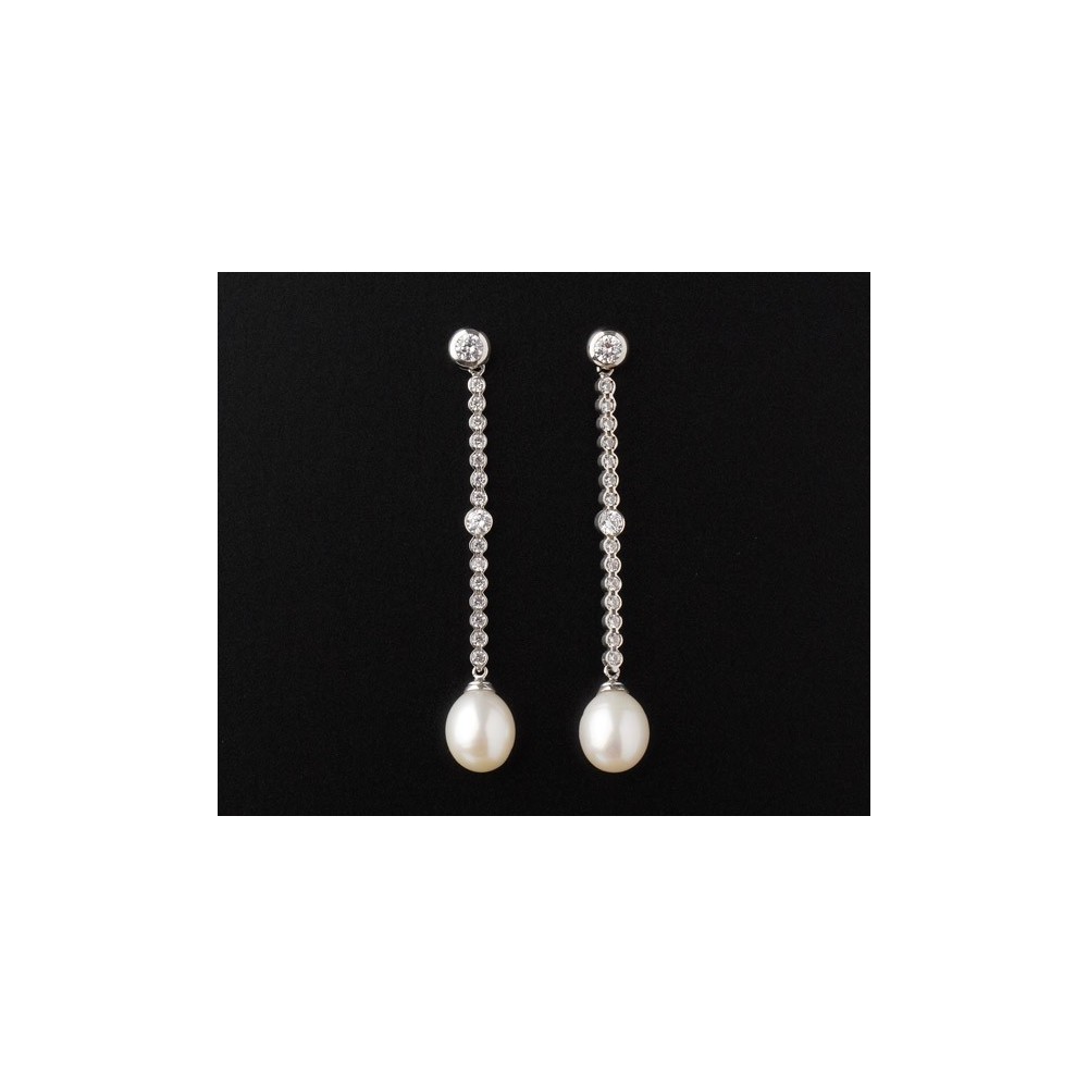 Pendientes de oro blanco con brillante artificial y perla