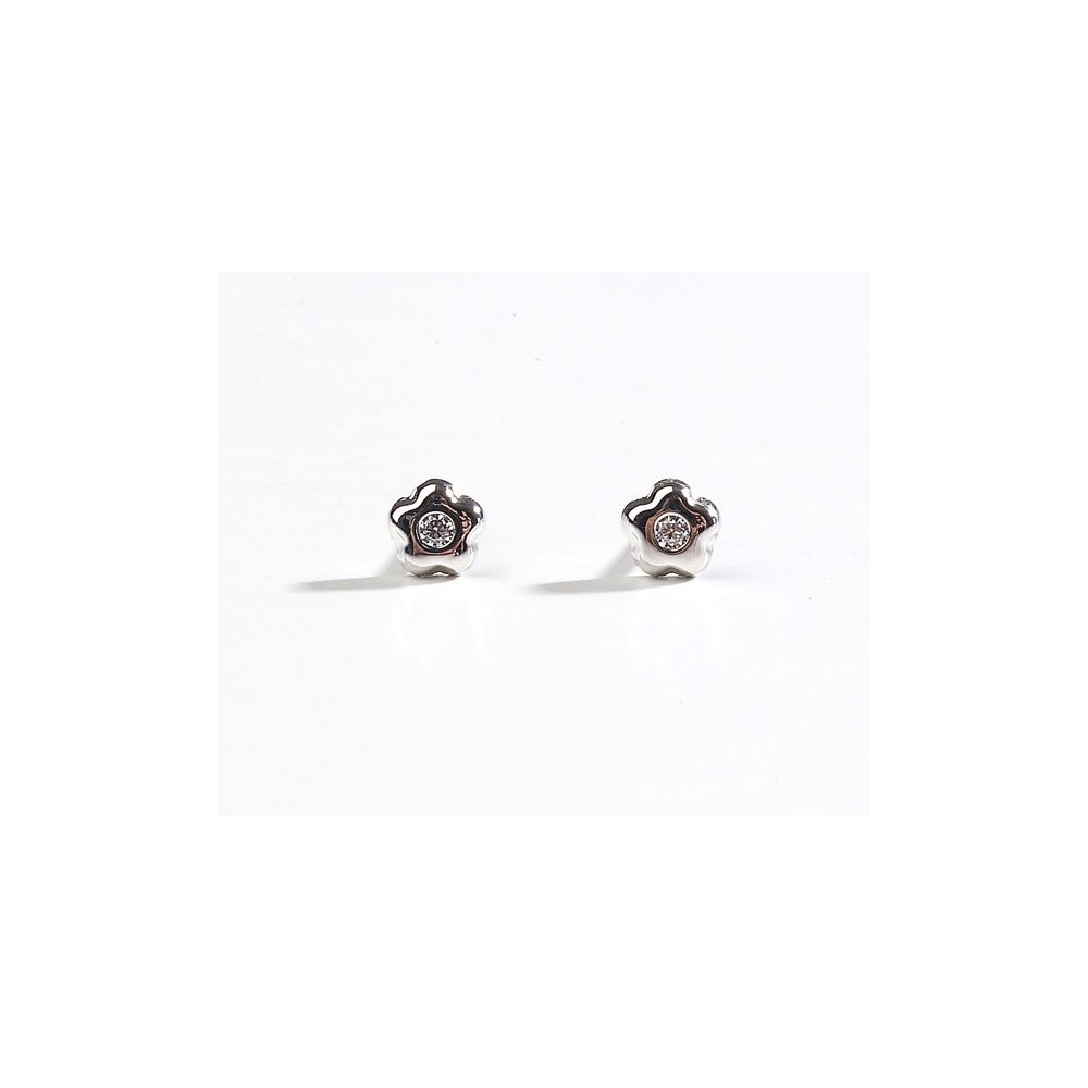 Pendientes de oro blanco flor con brillante artificial