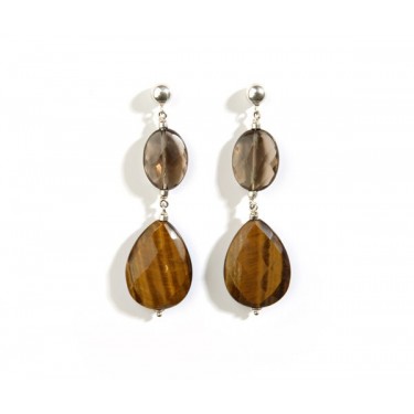 Pendientes de plata con ojo de tigre y cuarzo fumé